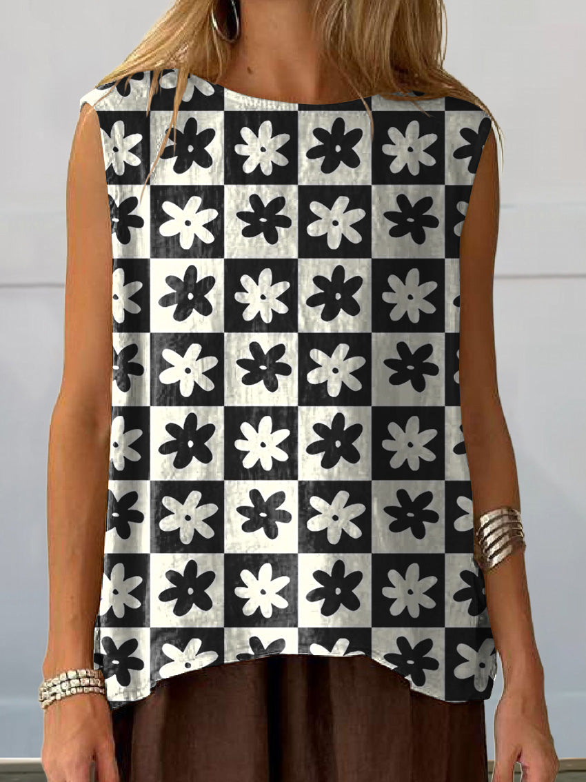 Lovely Floral And Check Pattern Printed Women's Casual Cotton And Linen Tank Top