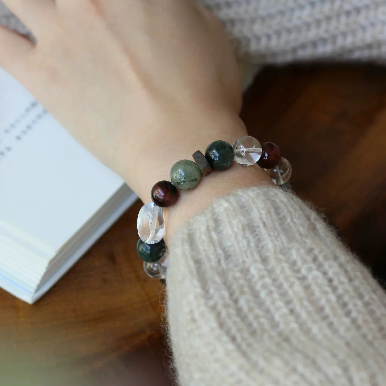 Green Aventurine, Tiger Eye, Clear Quartz & Agarwood Bracelet – Wealth, Protection & Balance
