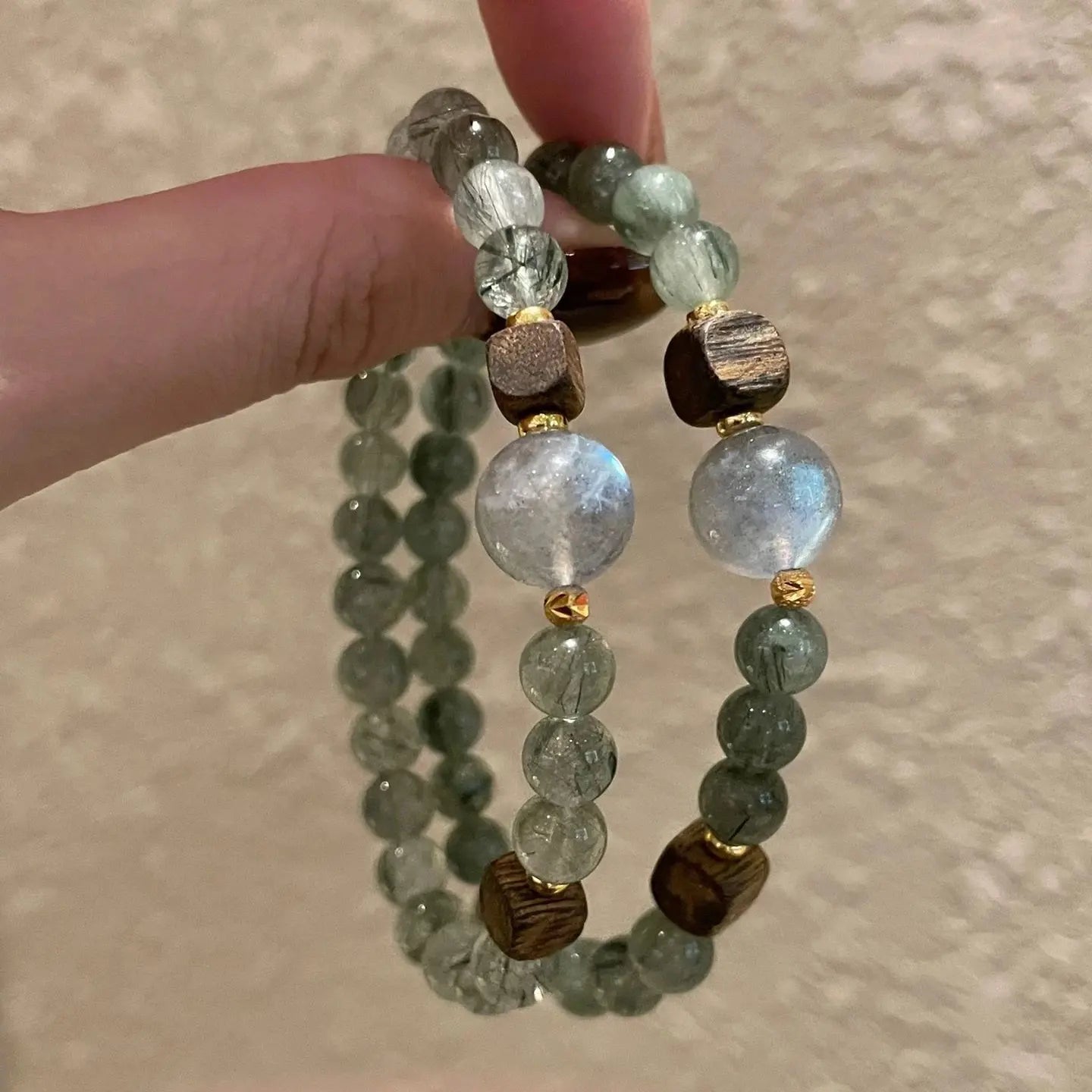Green Rutilated Quartz Bracelet with Grey Moonstone & Agarwood – Wealth, Balance & Calm Energy