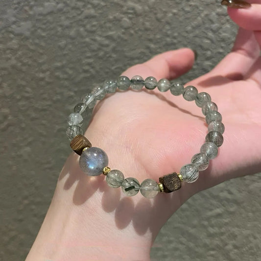 Green Rutilated Quartz Bracelet with Grey Moonstone & Agarwood – Wealth, Balance & Calm Energy