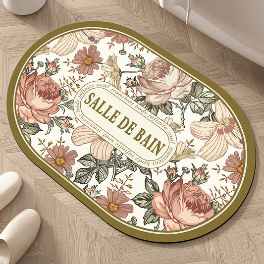 Vintage "Salle de Bain" Floral Oval Bath Mat