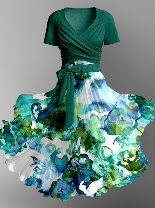 Women's Floral Print Camisole Dress Short Sleeve Strappy Jacket Two Piece Suit
