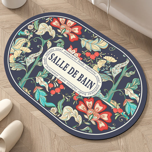 Vintage "Salle de Bain" Floral Oval Bath Mat