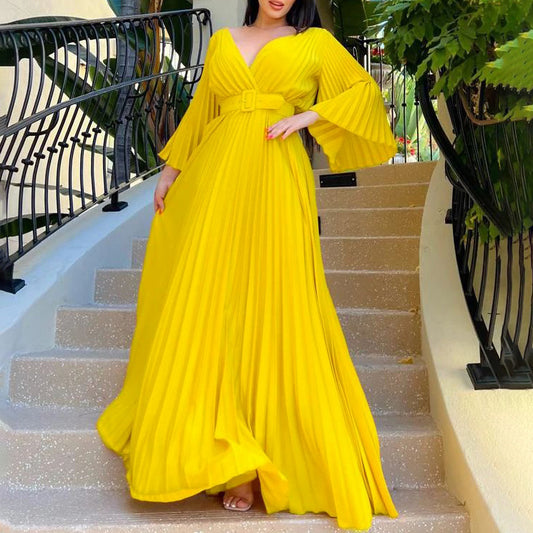 Yellow Pleated V-Neck Maxi Dress with Belt