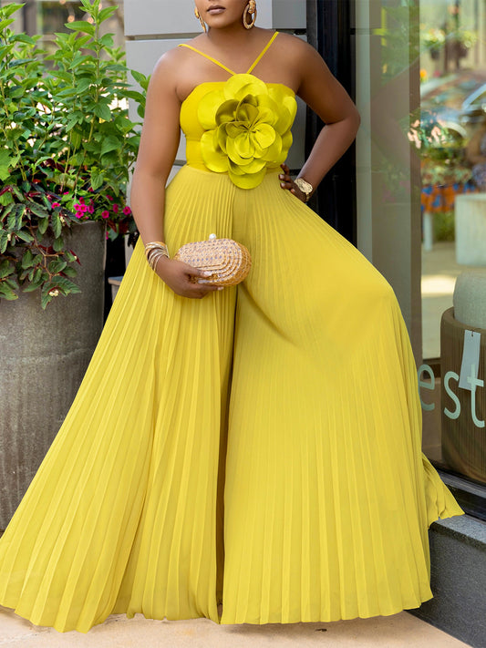Yellow Halter 3D Flower Pleated Wide-Leg Plus Size Jumpsuit