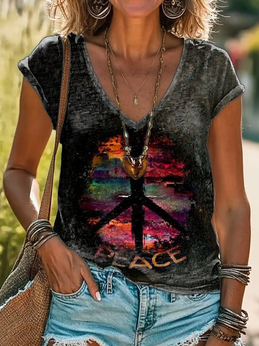 Hippie Peace Art Print 100%Cotton V-neck T-Shirt