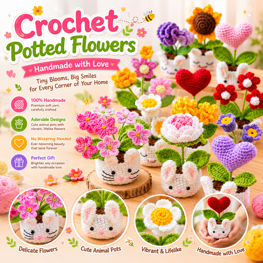 Handmade Crochet Flower Potted Plants - Cute Animal Pot, Forever Blooming, Desk Decor & Gift 