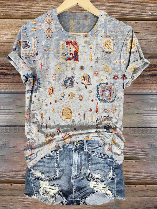 Women's Retro Ethnic Totem Flowers Print Casual Short Sleeve T-Shirt