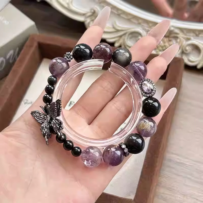 Gothic Vintage Amethyst Bracelet with Butterfly Charm - For Transformation and Rebirth