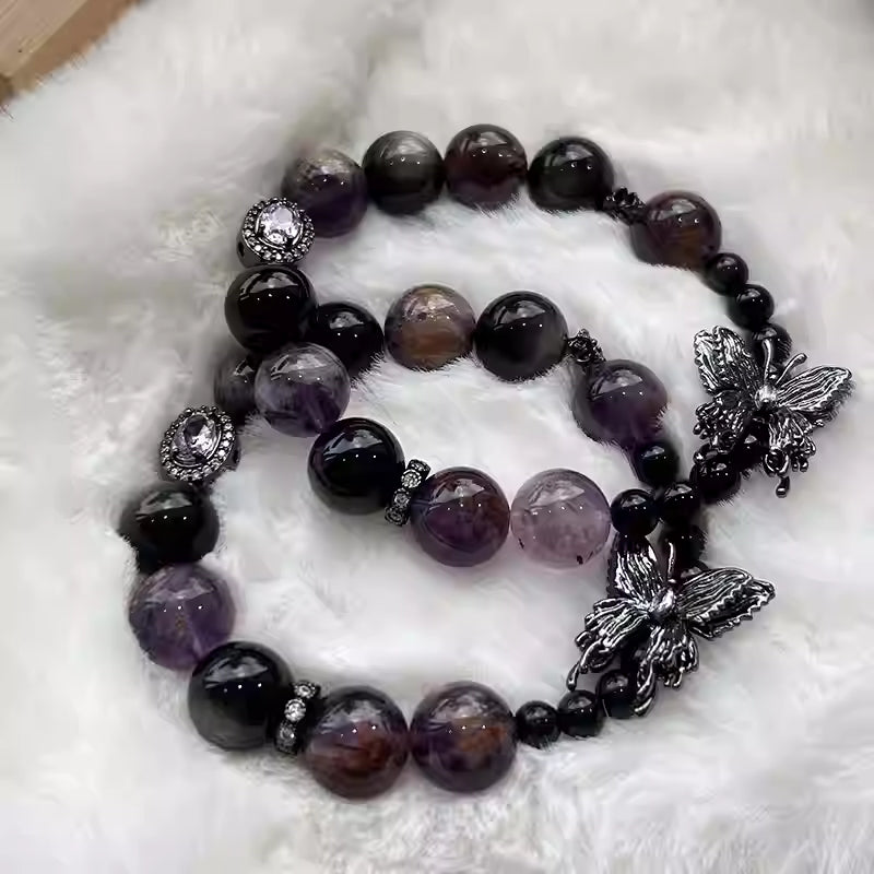 Gothic Vintage Amethyst Bracelet with Butterfly Charm - For Transformation and Rebirth