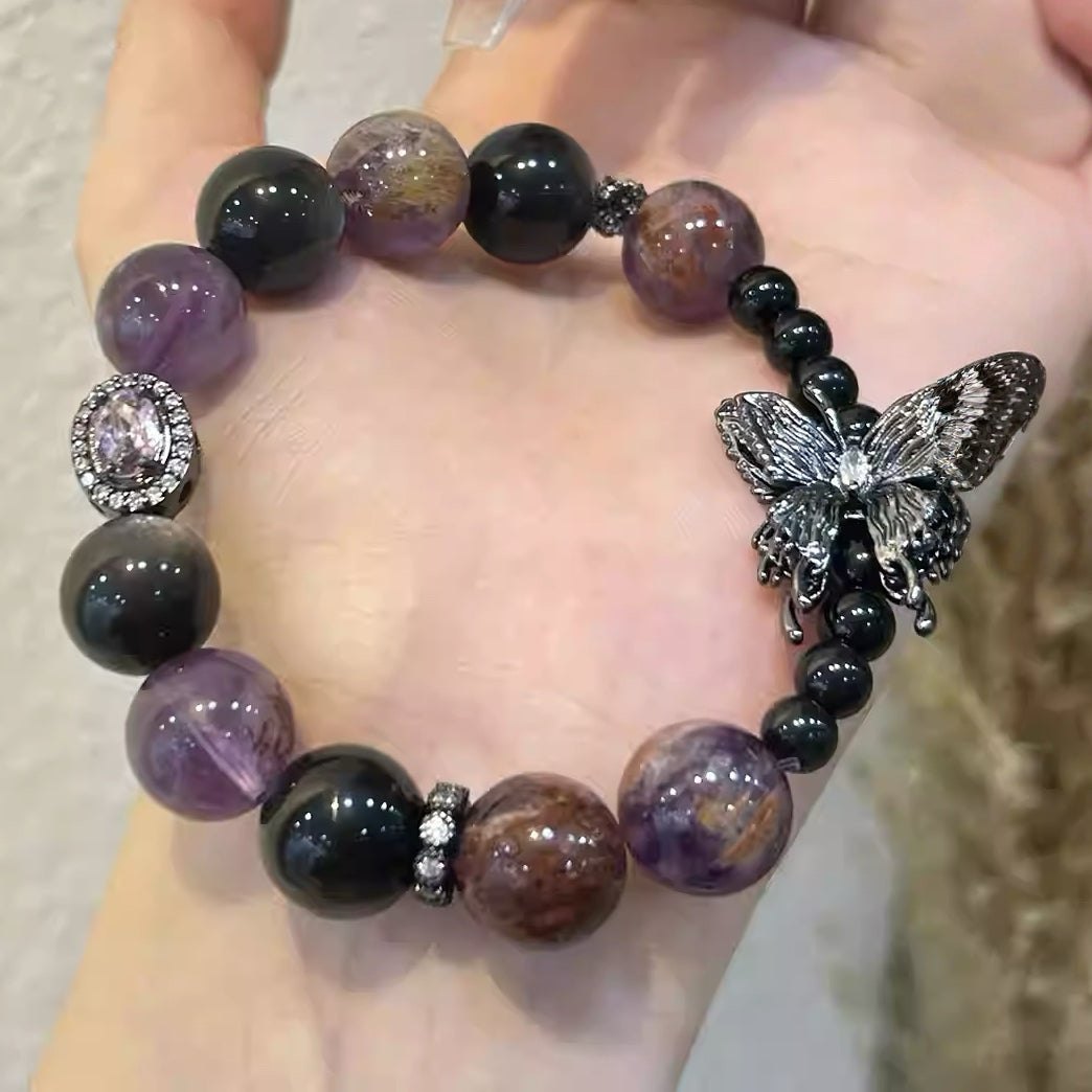 Gothic Vintage Amethyst Bracelet with Butterfly Charm - For Transformation and Rebirth