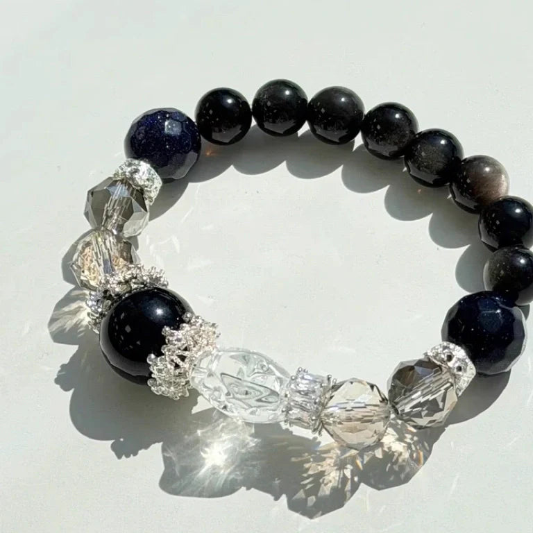 Natural Black Obsidian Bracelet with Clear Quartz – Crystal Bracelet for Grounding & Spiritual Protection