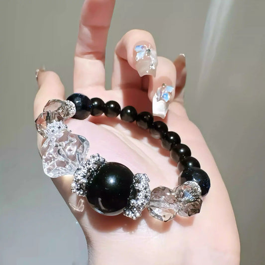 Natural Black Obsidian Bracelet with Clear Quartz – Crystal Bracelet for Grounding & Spiritual Protection