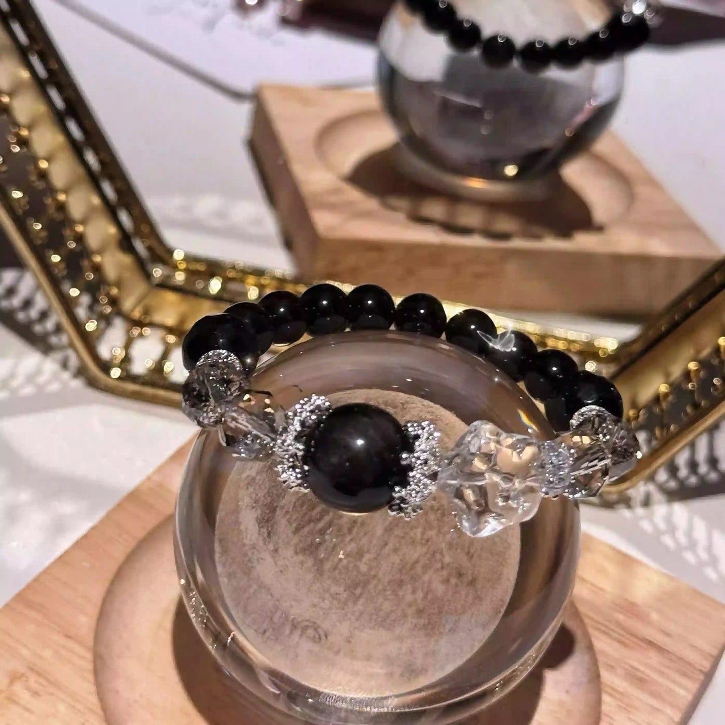 Natural Black Obsidian Bracelet with Clear Quartz – Crystal Bracelet for Grounding & Spiritual Protection
