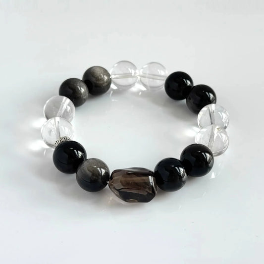 Mens Crystal Bracelet – Black Obsidian & Clear Quartz Crystal Beads Bracelet for Protection