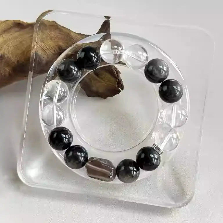 Mens Crystal Bracelet – Black Obsidian & Clear Quartz Crystal Beads Bracelet for Protection