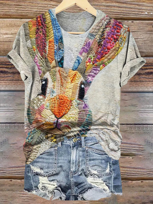 Women's Easter Bunny Collage Art Print Crew Neck T-Shirt
