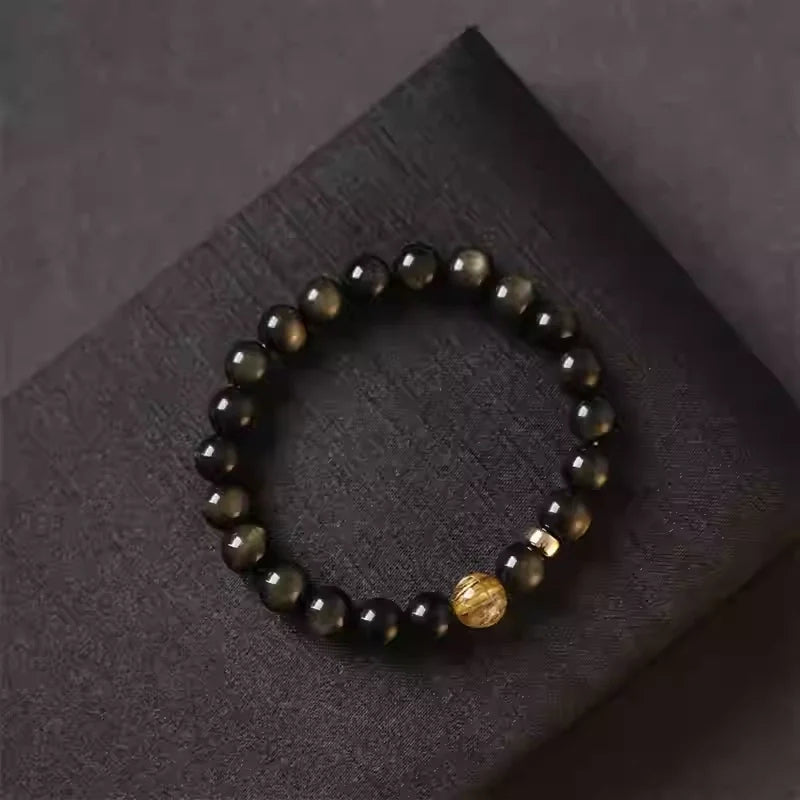 Golden Obsidian Bracelet with Golden Rutilated Quartz – Protection & Wealth Talisman