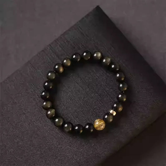 Golden Obsidian Bracelet with Golden Rutilated Quartz – Protection & Wealth Talisman