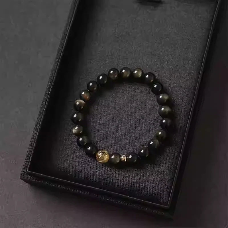 Golden Obsidian Bracelet with Golden Rutilated Quartz – Protection & Wealth Talisman