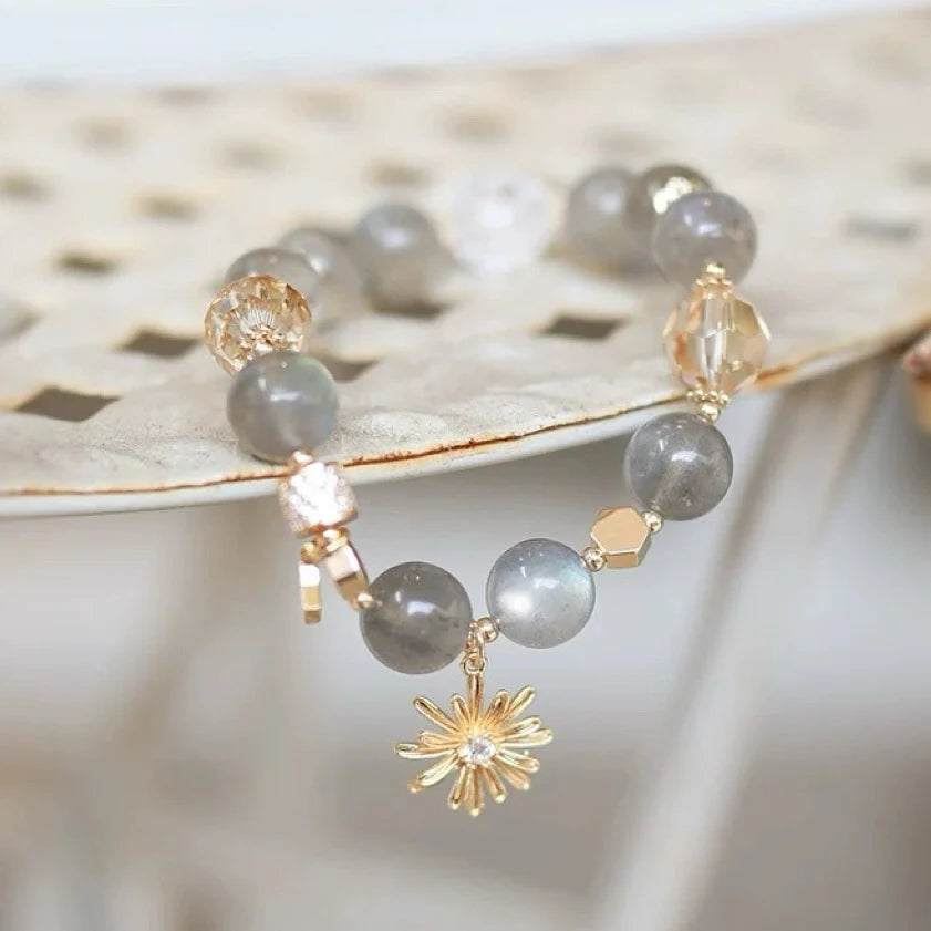 Grey Moonstone Bracelet with Gold Sun Charm | Moonstone Crystal Jewelry