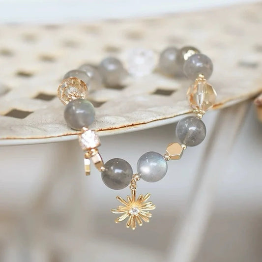 Grey Moonstone Bracelet with Gold Sun Charm | Moonstone Crystal Jewelry