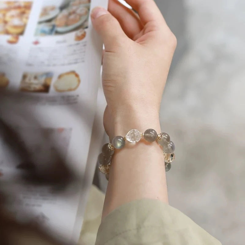 Grey Moonstone Bracelet with Gold Sun Charm | Moonstone Crystal Jewelry