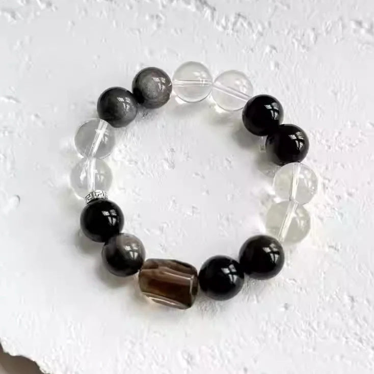 Mens Crystal Bracelet – Black Obsidian & Clear Quartz Crystal Beads Bracelet for Protection