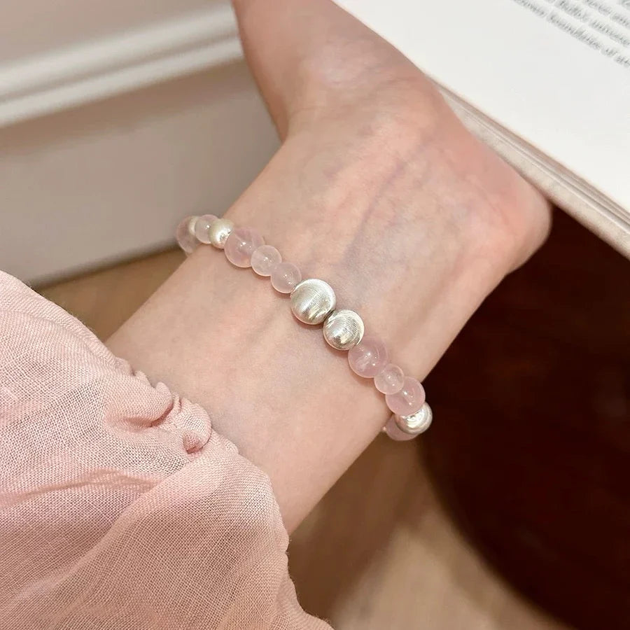 Rose Quartz Bracelet with Silver Cat’s Eye Beads – Crystal Bracelet to Attract Love & Emotional Balance