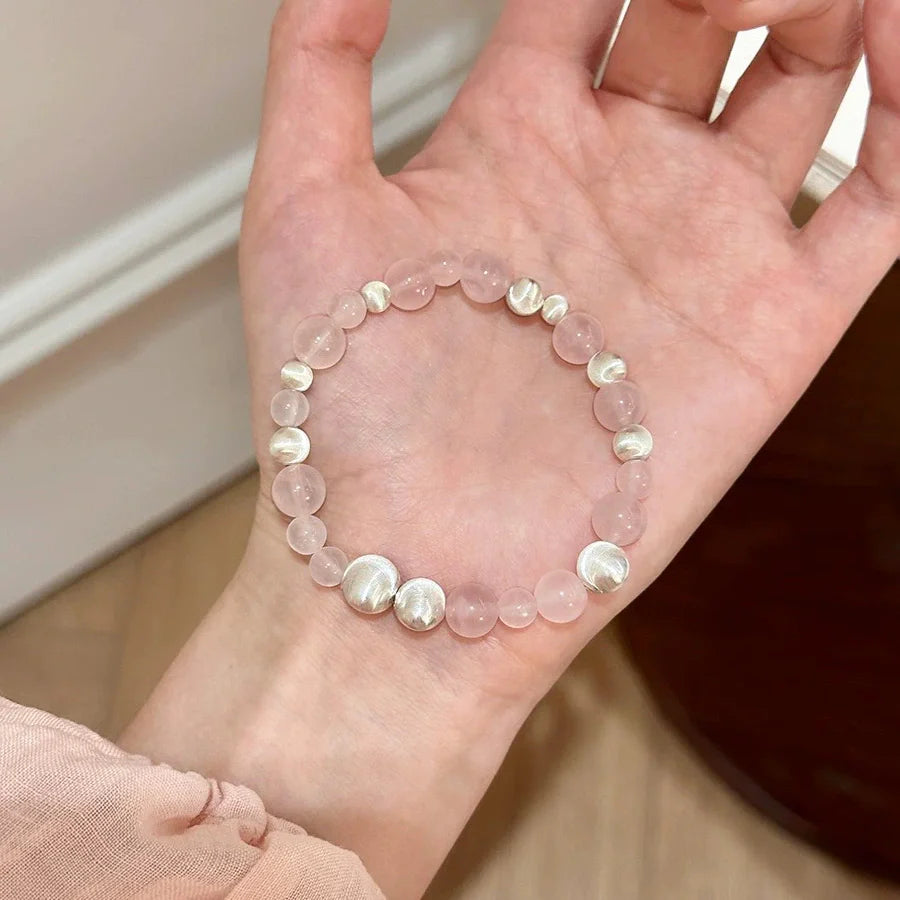 Rose Quartz Bracelet with Silver Cat’s Eye Beads – Crystal Bracelet to Attract Love & Emotional Balance