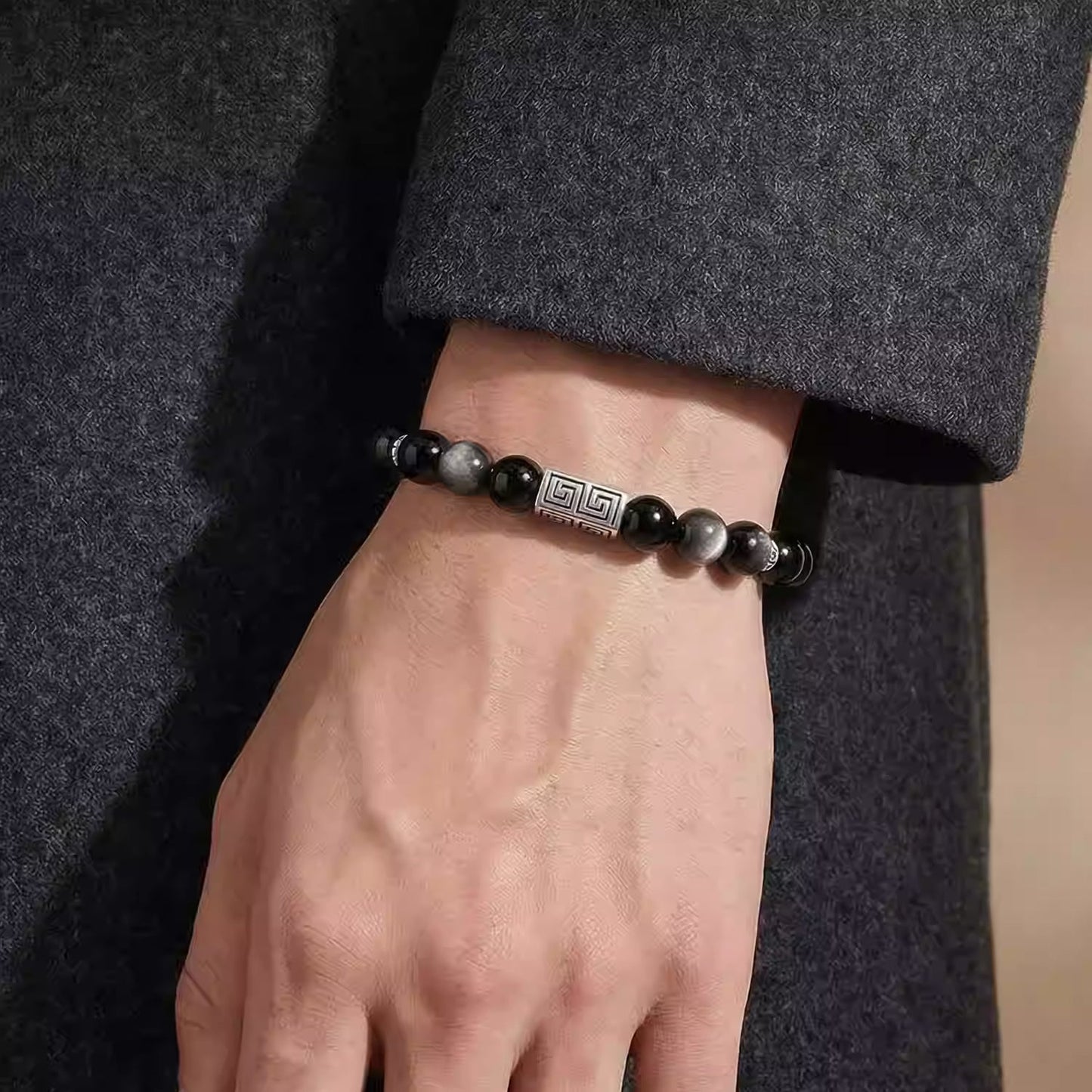Silver Obsidian Bracelet – Black Obsidian Bracelet Mens for Protection & Energy Balance