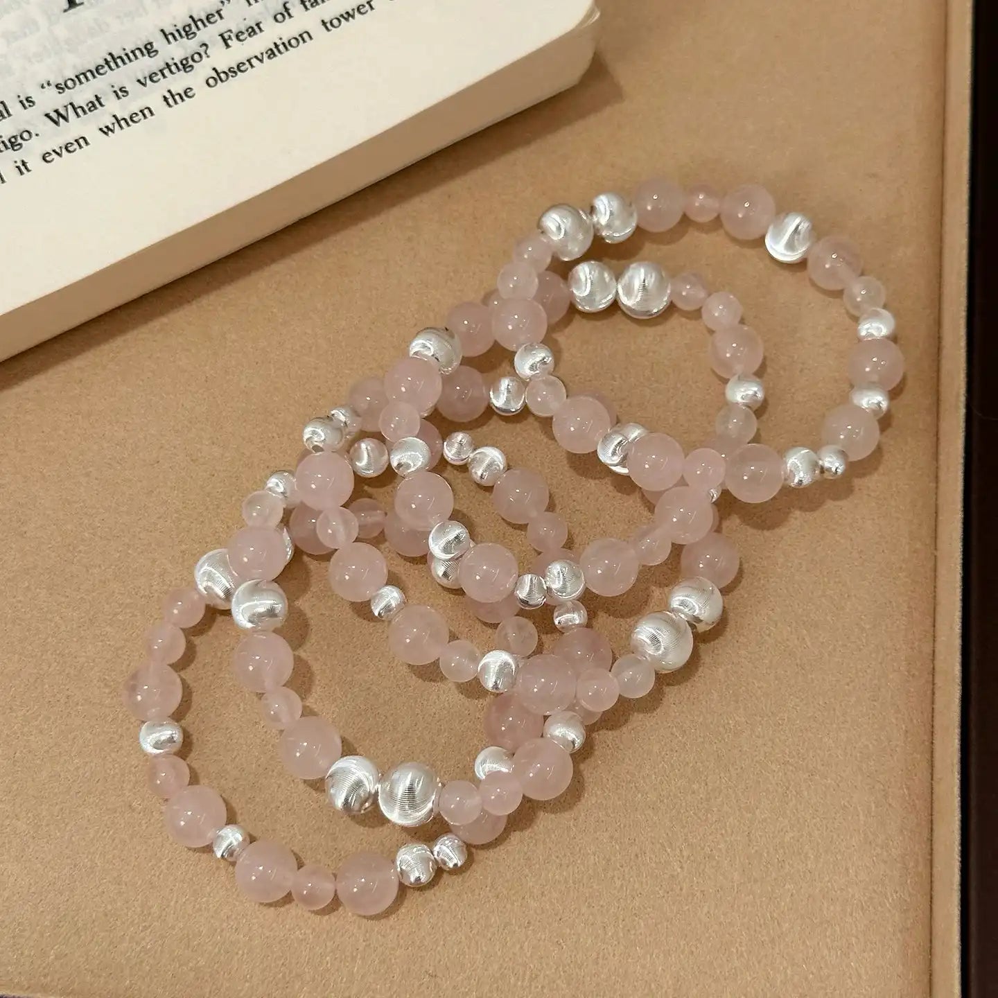 Rose Quartz Bracelet with Silver Cat’s Eye Beads – Crystal Bracelet to Attract Love & Emotional Balance