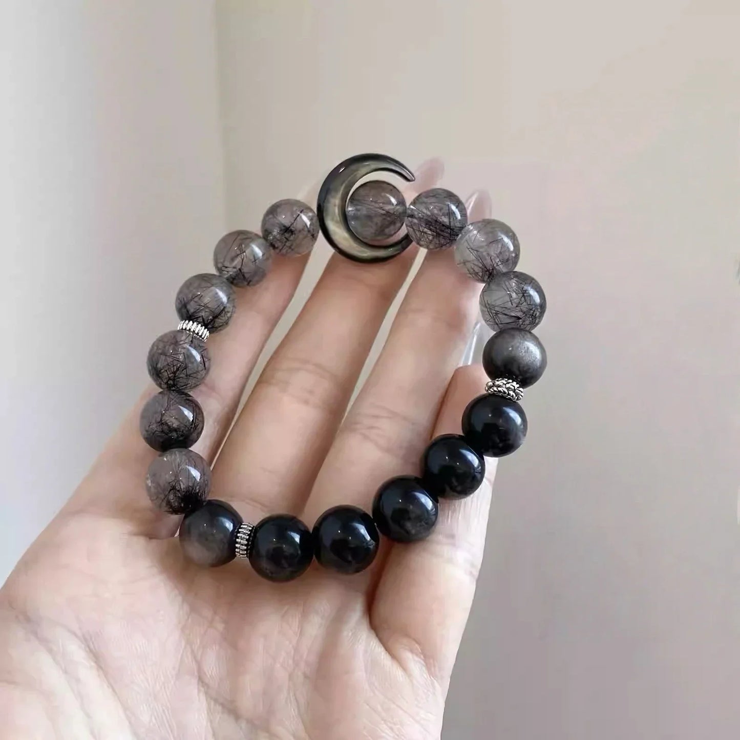 Silver Obsidian & Black Rutilated Quartz Bracelet – Protection Crystal Bracelet with Lunar Energy