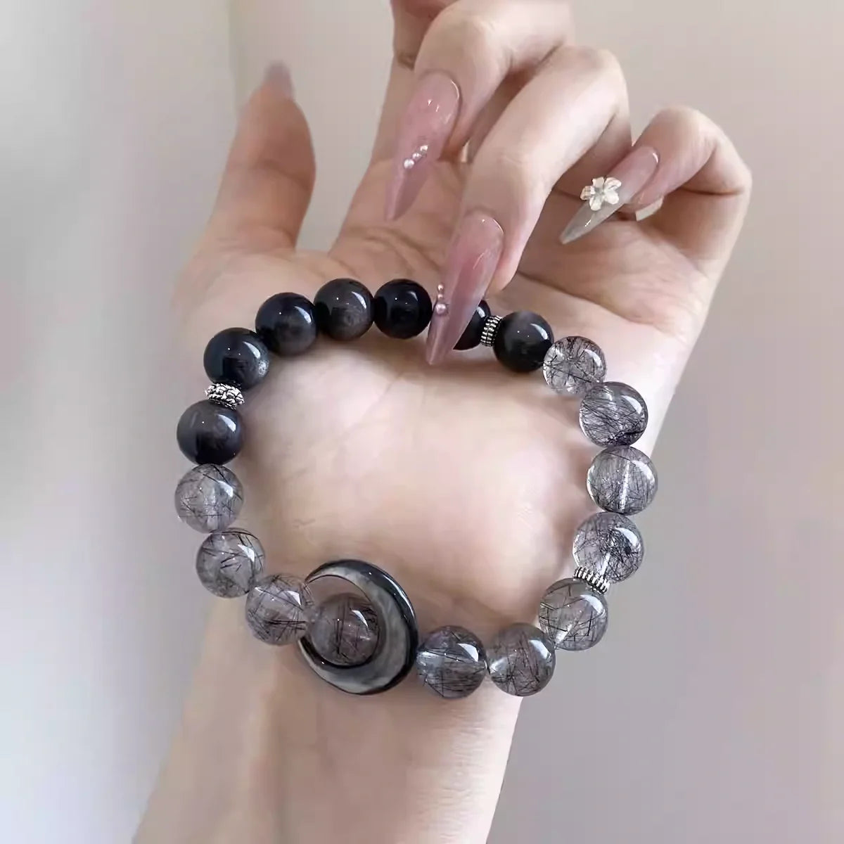 Silver Obsidian & Black Rutilated Quartz Bracelet – Protection Crystal Bracelet with Lunar Energy