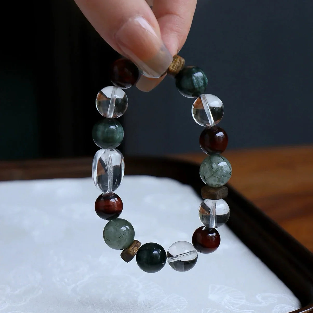 Green Aventurine, Tiger Eye, Clear Quartz & Agarwood Bracelet – Wealth, Protection & Balance