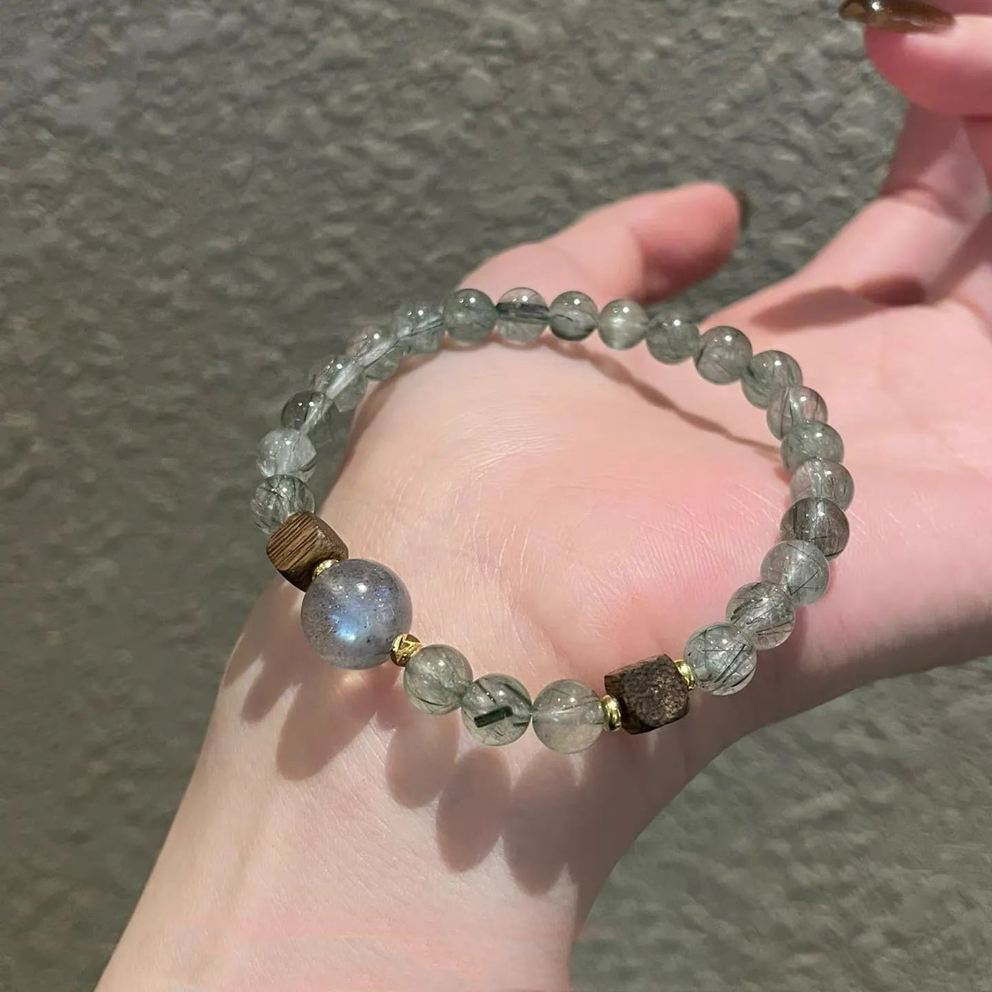 Green Rutilated Quartz Bracelet with Grey Moonstone & Agarwood – Wealth, Balance & Calm Energy