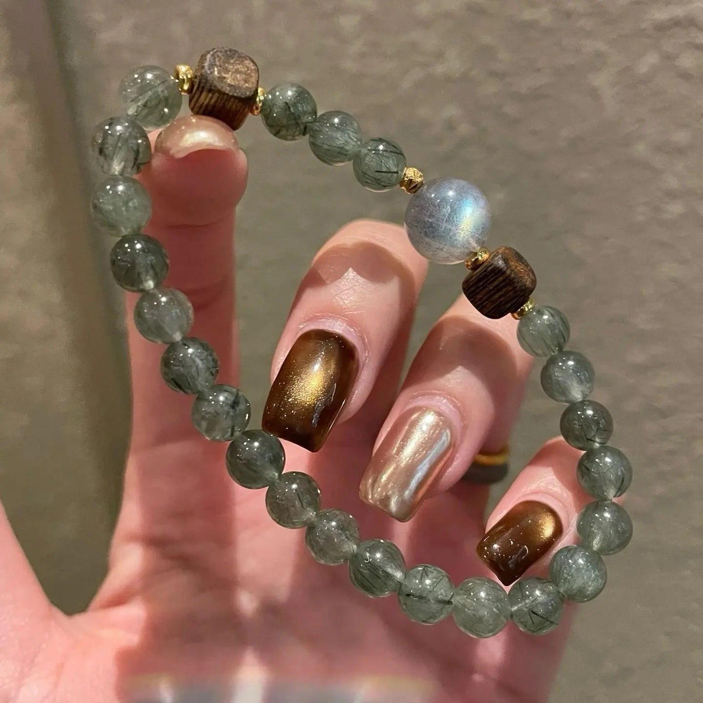 Green Rutilated Quartz Bracelet with Grey Moonstone & Agarwood – Wealth, Balance & Calm Energy