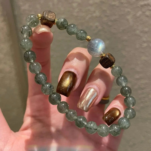 Green Rutilated Quartz Bracelet with Grey Moonstone & Agarwood – Wealth, Balance & Calm Energy