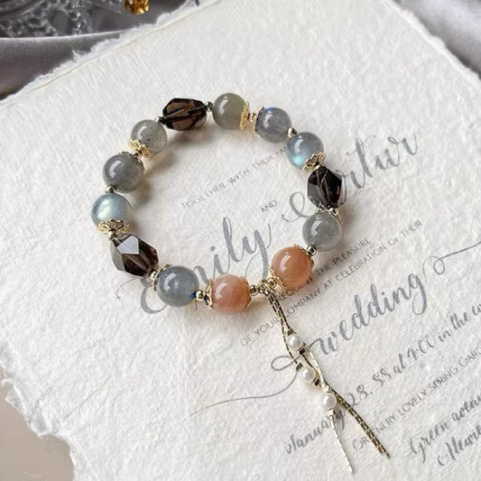 Grey & Orange Moonstone with Smoky Quartz Bracelet – Balance, Confidence & Grounding