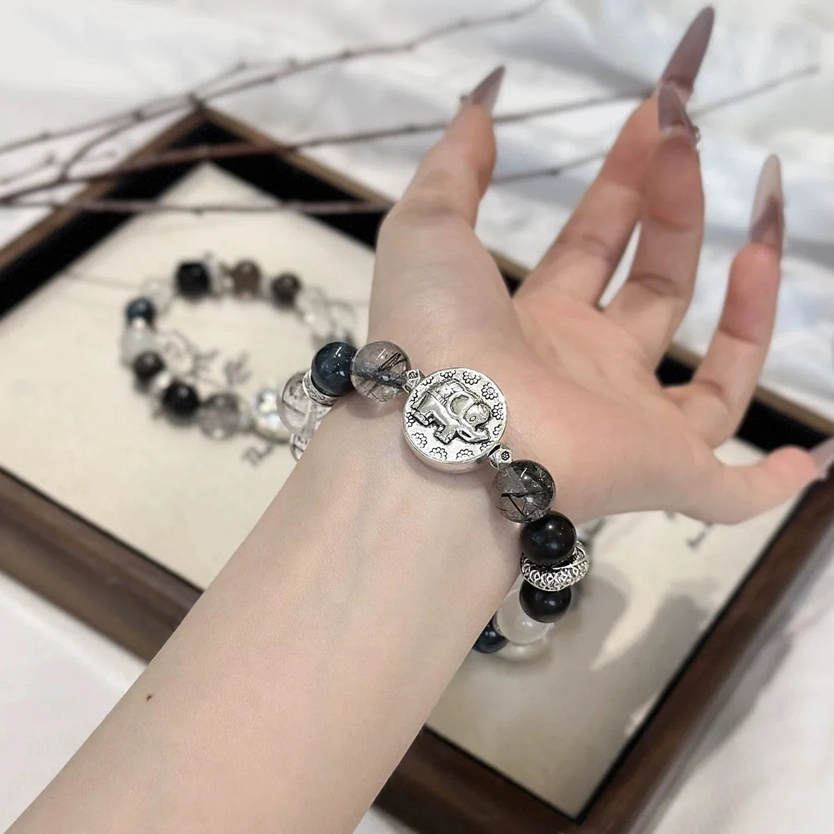 Original Black Obsidian Bracelet with Elephant Charm – Protection, Grounding & Wealth Energy