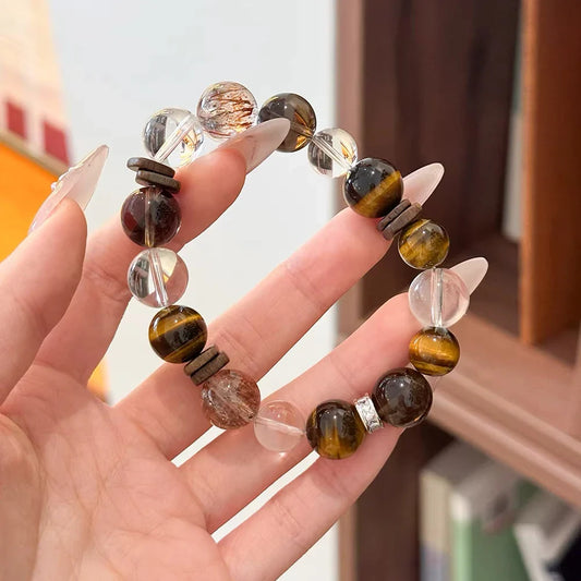 Tiger Eye, Clear Quartz & Agarwood Bracelet – Protection, Clarity & Wealth Energy
